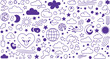 © ZarirTahmid - Seamless pattern of whimsical purple line art icons depicting weather elements and celestial bodies.