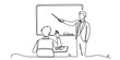 © Tona Drawing Gallery - Continuous line drawing of a teacher pointing to a whiteboard while a student raises a hand in class.