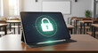 © THIBNH - Digital tablet displaying golden padlock security icon resting on wooden classroom desk representing educational cyber safety, online data protection, and modern internet privacy protocols.