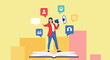 © MD - Woman announcing with megaphone data charts and open book on transparent background silhouette