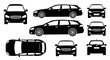 © Blanche - Black Silhouette Car Icons: Front, Side, Top Views of Station Wagon