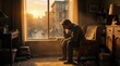© Sonthana - A man sits alone in a dimly lit room, head in hands, bathed in warm sunlight from a window overlooking an urban street.