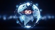 © Olga Ко - Rede global de internet 5G. Holograma do planeta Terra com conexões digitais em fundo azul abstrato.