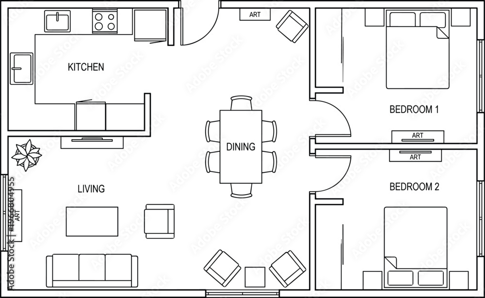 Apartment floor plan with kitchen, dining, living room, two bedrooms ...