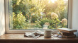 © Nicholas - Cozy window sill scene with books, reading glasses, coffee mug, and linen cloth, overlooking a sunlit garden.