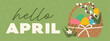 © chrupka - hello april banner with basket full of colorful easter eggs decorated with pussy willow twigs, tulip and ribbon - vector illustration