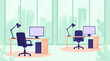 © CANVAUX - Empty office interior with modern workstations and city view illustration