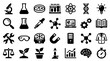 © Iconique Studio - Collection of science and research icons representing laboratory equipment, biology, chemistry, physics, and technology for educational and scientific concepts