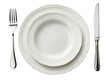 © Diego - Elegant dining place setting with two stacked white ceramic plates, a silver fork, and a knife, isolated on transparent background, ready for upscale restaurant menu design