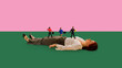 © master1305 - Businesswoman lying still while tiny office workers walk across her body on colorful background. Concept of burnout, stress overload, career pressure, and work life imbalance in modern business.