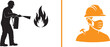 © reza - A vector graphic featuring a black silhouette of a worker using a fire extinguisher, and an orange silhouette of a worker wearing a hard hat and a protective face mask.