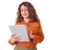 © Komora - Woman interacting with digital tablet for business communication, online research, and remote work, transparent background