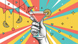 © Creative Stoker - Vector illustration of hand holding cocktail glass with umbrella and lemon slice in colorful pop art festive style