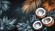 © rizky - Three coconuts are lying on a rocky surface surrounded by palm leaves.