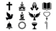 © Shovon - Sacred religious icons collection cross church praying hands bible dove candle angel wings rosary bell crown of thorns chalice and prayer beads for spiritual concepts and faith