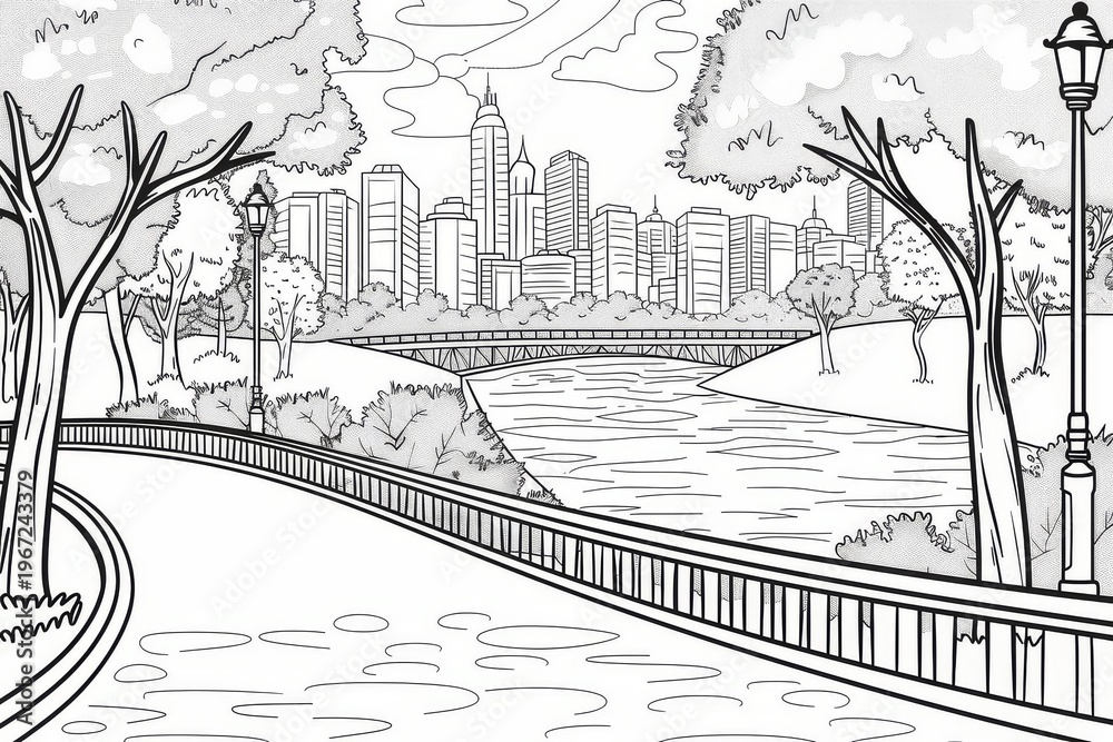City park river bridge skyline line art coloring page simple vector ...