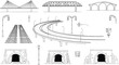 © Hadi - Railway infrastructure illustration, train station shelters, railway tracks, tunnel entrances, lamp posts, traffic signals, railway crossing design, transportation architecture drawing