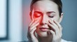 © designhunt - Facial nerve pain and maxillary sinus inflammation. Dermatology and medical diagnosis. Woman touching her cheek and nose area with red glowing light representing discomfort