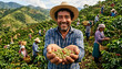 © Olha H. - Cheerful coffee grower holding a handful of raw organic coffee beans on a plantation background