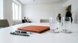 © Anna - Close up of a leather folder and pens on a white conference table. Professional business meeting preparation in a bright modern office. Corporate workspace with water glasses and stationery
