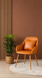 © Md - Modern orange leather armchair with a decorative pillow next to a green plant