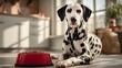 © LifeFree studio - Dalmatian resting beside a red food bowl in a sunlit kitchen, pet feeding and canine nutrition concept with warm white, black, and red tones