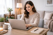 © Bright Little Minds - Young Woman Typing on Laptop Working Remotely From Home Office Natural Light and Cozy Atmosphere