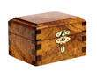 © Oisin - Isolated exquisite handcrafted wooden jewelry box featuring rich burl wood and polished brass lock