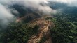 © Syahril Priatna - Aerial view of widespread deforestation in a tropical mountain region. Cleared land contrasts sharply with green forest under cloudy skies, highlighting environmental damage