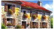 © Hungarian - Stone house featuring red roof tiles and windows adorned with colorful flower boxes stands under a bright sky.