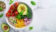 © vibe - Overhead shot of a healthy food bowl filled with quinoa, cherry tomatoes, avocado, broccoli, corn, and red onion on a white marble surface, conveying a fresh and nutritious mood.