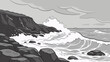© Tamar - Powerful ocean waves crashing on rocky coastline, monochrome vintage vector style, dramatic seascape, nature force concept, ideal for travel and background design.