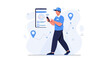 © Sena - Delivery man using smartphone with tracking app, navigation pins and graph