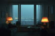 © Thanthara - Evening blue hour apartment interior with warm glowing lamps, cozy sofa, small table, and large window showing city lights in cool tones creating calm and peaceful atmosphere