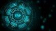 © Masha Stock - ERP – Enterprise Resource Planning. ERP concept head up display (HUD UI) panel and. 3d Motion graphics of technology icon interface background