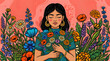 © Trias - A peaceful illustrated Latina woman with closed eyes holds a colorful wildflower bouquet, surrounded by vibrant blooms on a coral pink background.