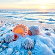 © Suci - a beautiful winter beach scene, soft snow covering the sandy shore, gentle ocean waves touching icy edges, pastel sunset sky with pink and orange tones, seashells partially covered in snow