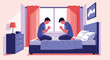 © Robiul - Two young men kneeling on a bed in a bedroom and praying together with sincerity in front of a bright window.