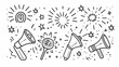© dimas - Line-art illustration featuring megaphones, stars, bursts, and a tennis racket doodle