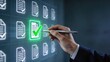 © Olivia - Businessman selecting digital document with green checkmark on holographic interface symbolizing approval verification data management and modern office technology solutions