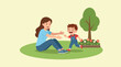 © xiao - A joyful interaction captures the bond between a mother and her young son as they play in a vibrant garden area with flowers and a lush tree, reflecting happiness and love.
