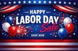 © MAS - Labor Day Sale promotional banner, patriotic American holiday discount background with red white and blue balloons, festive fireworks and stars