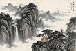 © Chet - Majestic traditional Chinese landscape painting (Shan Shui). Towering misty mountains, cascading waterfall, and a small wooden pavilion hidden in a pine forest. Atmospheric perspective using varied.