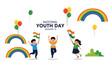 © Isra - National Youth Day celebration on January 12 featuring happy children jumping with indian flags and rainbows.