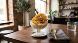 Decadent dessert served in a glass bowl on a wooden table in a cozy cafe setting
