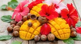 A vibrant arrangement of sliced mangoes, hazelnuts, and hibiscus flowers on a rustic wooden surface. The mangoes are cut into cubes, showcasing their juicy interior