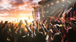 © Lustre Art Group  - Large crowd dancing and celebrating at music festival stage with confetti and sunset sky. Concept of high energy event visuals, entertainment marketing, festival branding content, audience engagement