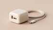 © Nadiia - Minimal charger block with cable on soft beige background representing modern technology and power use