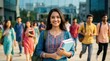 © Niks Ads - young indian college girl holding books and backpack standing at collage campus