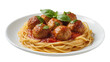 © Joao - Hearty spaghetti dish with savory brown meatballs coated in rich tomato sauce garnished with fresh green basil, isolated on transparent background for menus